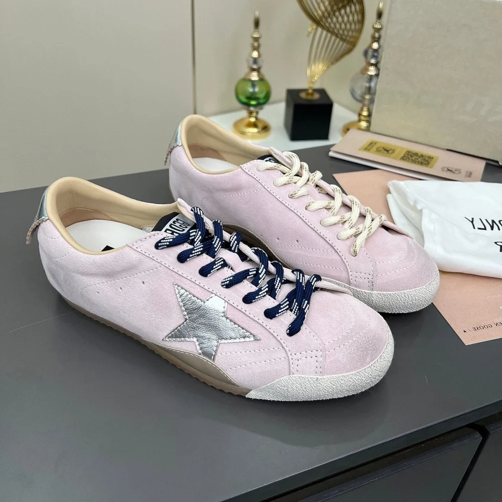 Golden Goose Pink Suede Sneakers with Navy Laces